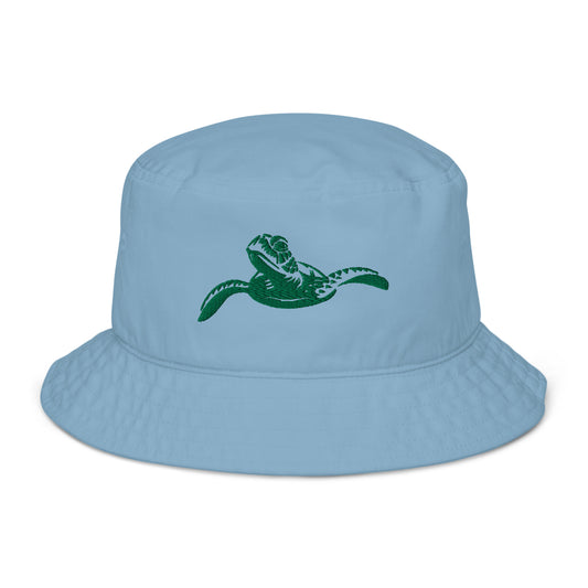 front view, slow & steady misty blue bucket hat