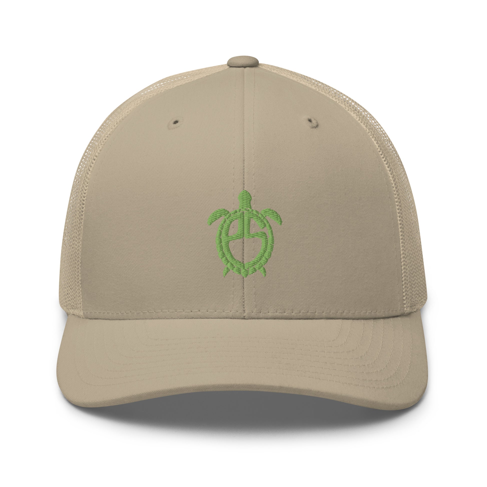 front view, turtle shell khaki trucker hat