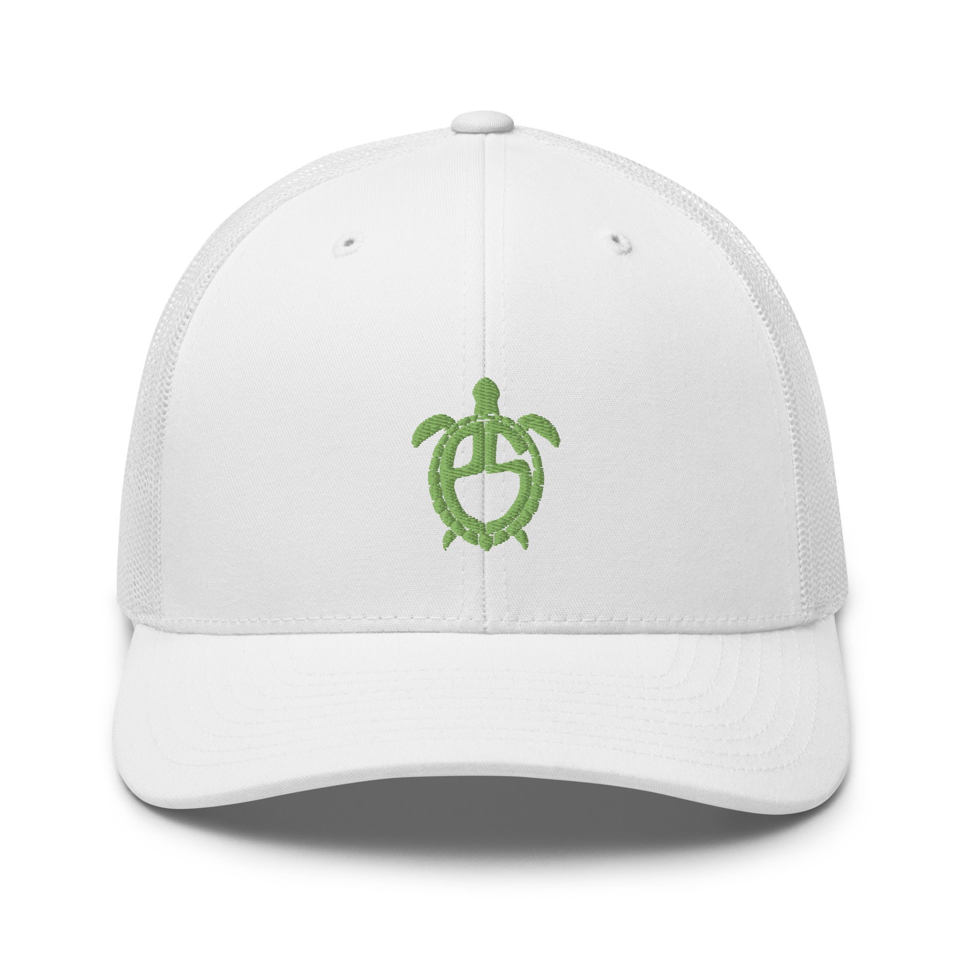 front view, turtle shell smoke white trucker hat