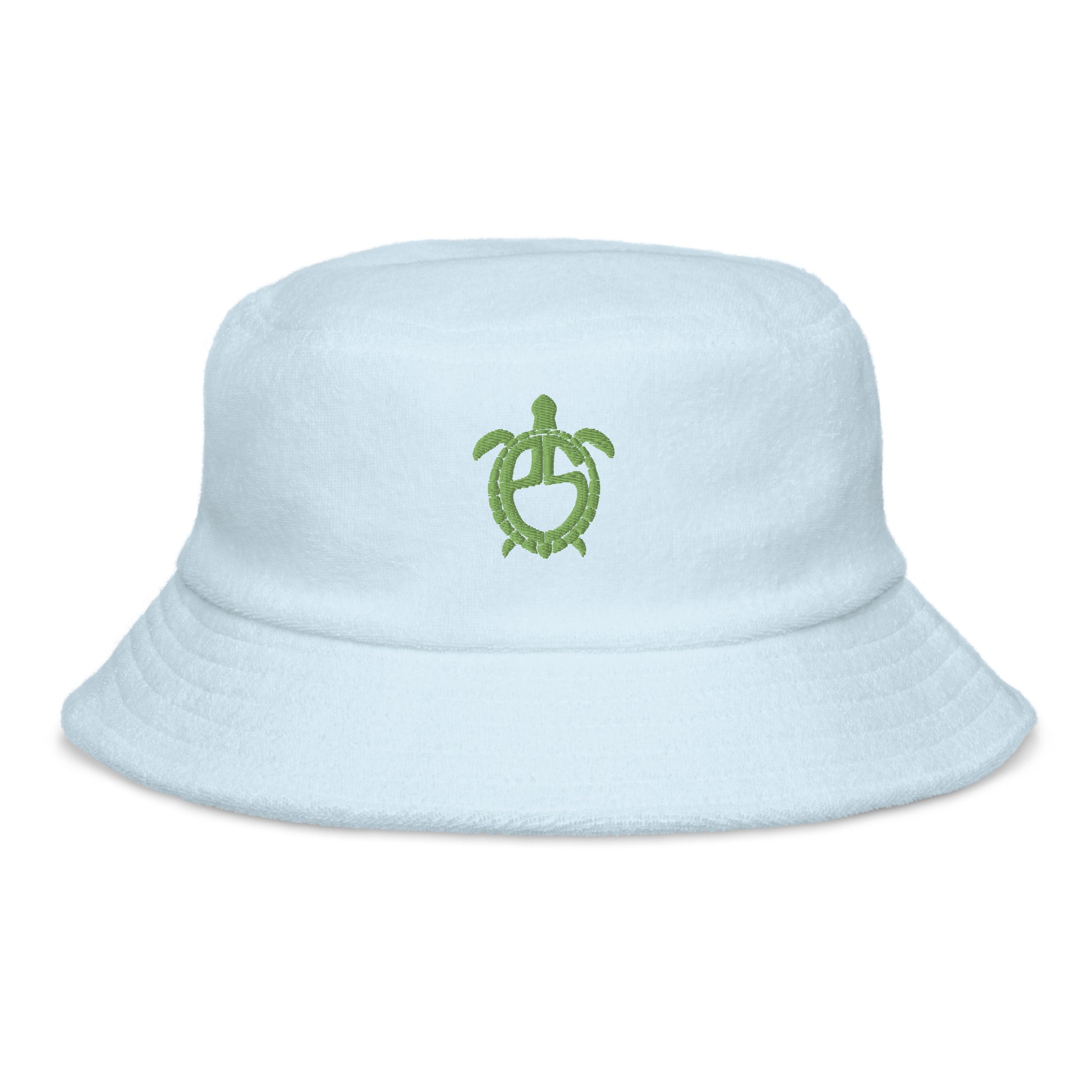 front view, turtle shell powder blue bucket hat