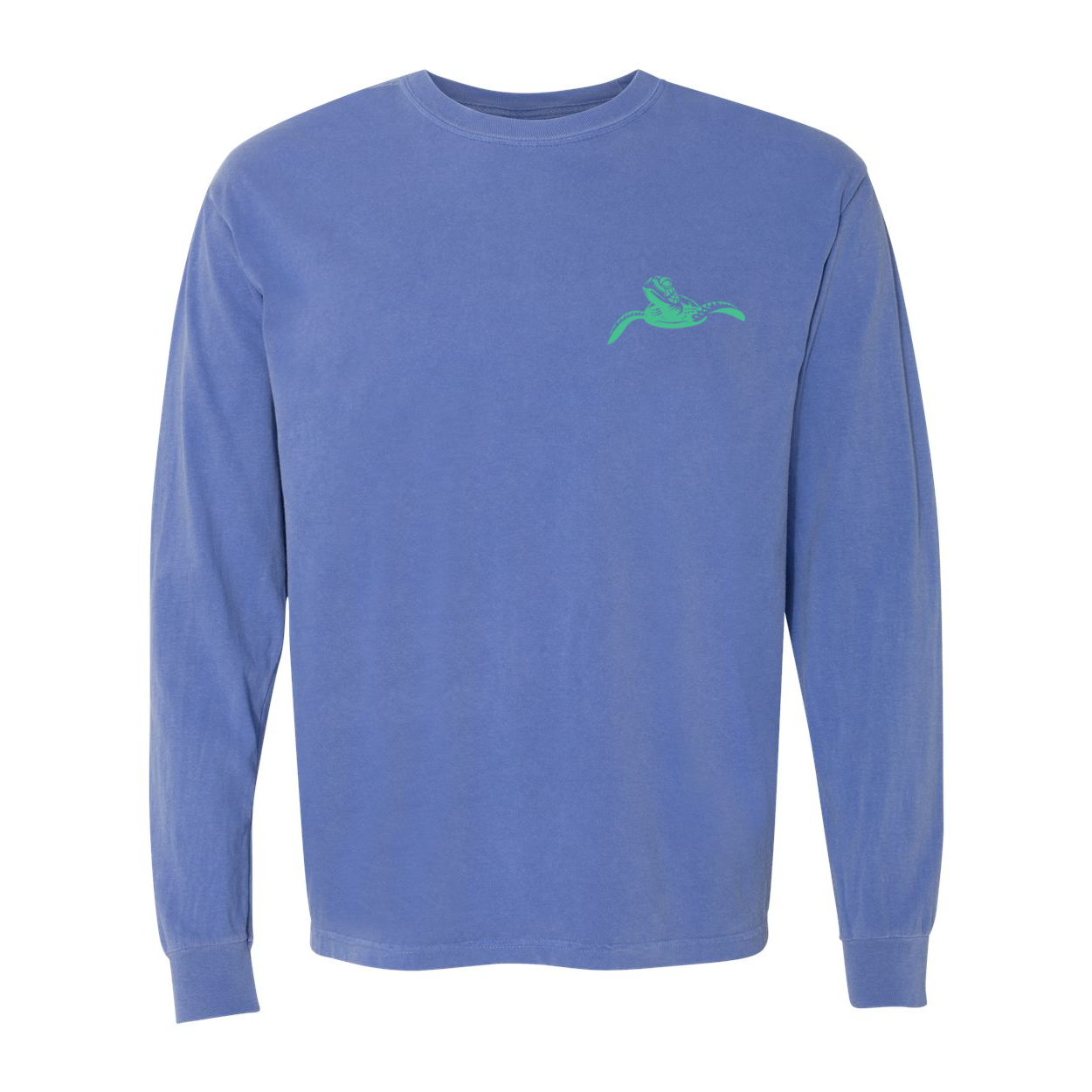 front view, slow & steady green flo blue long sleeve tee
