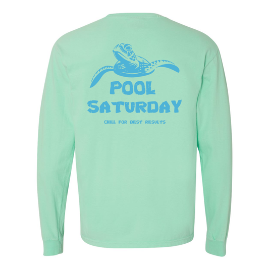 back view, slow & steady blue frosted mint long sleeve tee