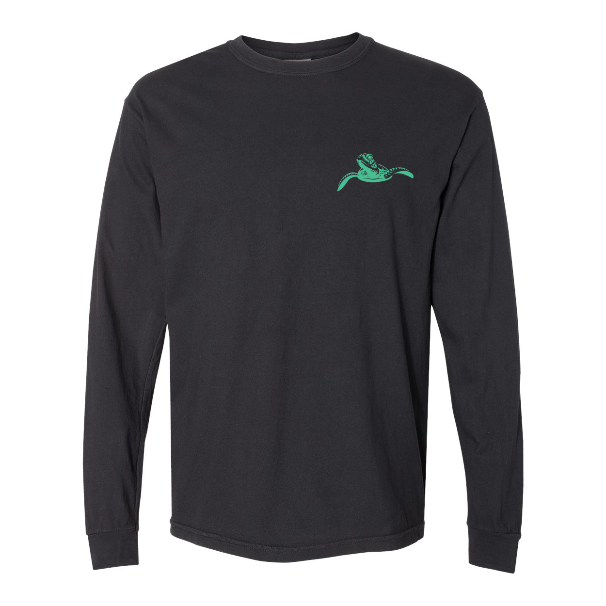 front view, slow & steady green shadow black long sleeve tee