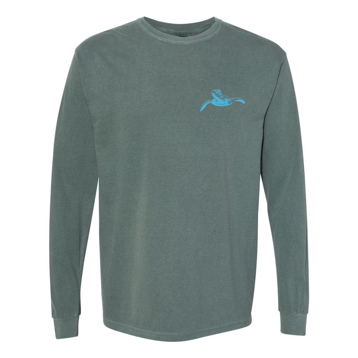 front view, slow & steady blue forest green long sleeve tee