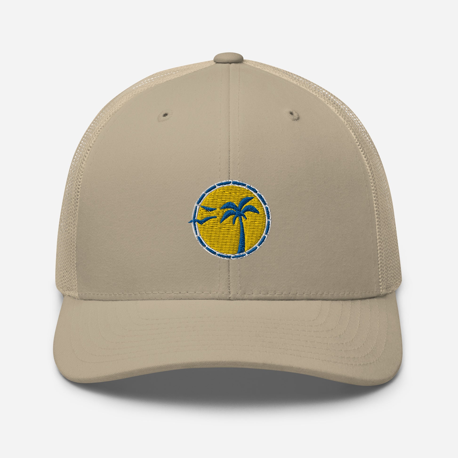 Front View, Palm Tree Khaki Trucker Hat