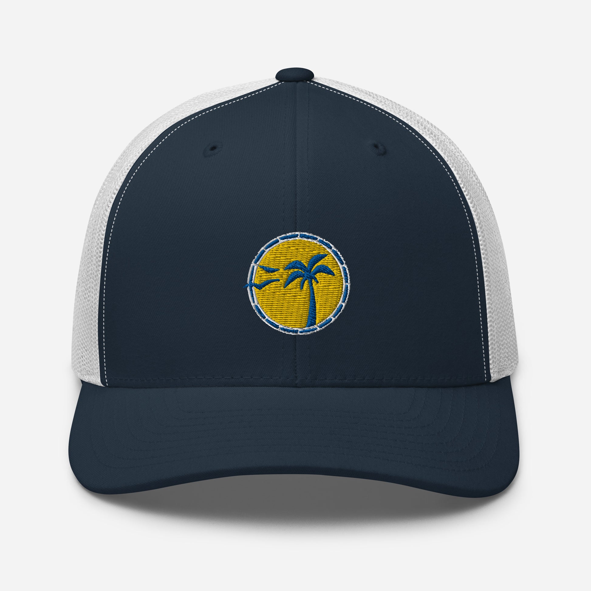 Front View, Palm Tree Navy / White Trucker Hat