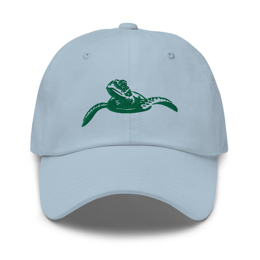 front view, slow & steady misty blue dad hat